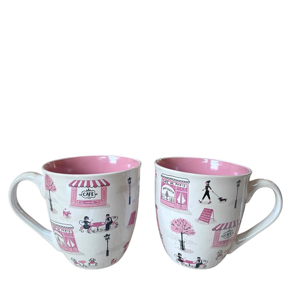 Fig & Fern Paris Bistro Cafe Mug Set of 2 Romantic Pink Coffee Tea Mug NEW